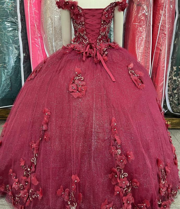 NO.34 Flowers and Metallic Lace Sparkle Tulle Quinceañera Dress schiaparelli  wedding dress white charro  dress club cocktail plus  size mini tube plain mature blue dress quince Sequins Off-Neck sequin dress Womenswear Formal party maxi