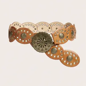 Liz Belt - Brown Leather with Decorative Metal Studs and Eyelets for Stylish Outfits