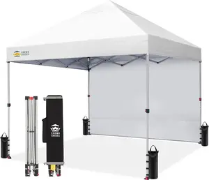 CROWN SHADES Pop Up Canopy with 1 Side Wall - Beach Tent with One Push Setup - Outdoor Sun Shade for Events, Parties, Camping - Gazebo with STO-N-Go Cover Bag, Grid White, 8x8FT
