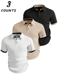 American Business Casual Style Polo Shirt, Breathable Textured Fabric, Men's Daily Commute Short Sleeve T-Shirt Top Set, Three-Piece