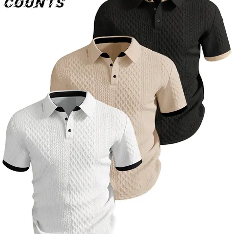American Business Casual Classic Style Button Up Plain Polo Shirt, Breathable Textured Fabric, Men's Daily Commute Short Sleeve T-Shirt Top Set, Three-Piece