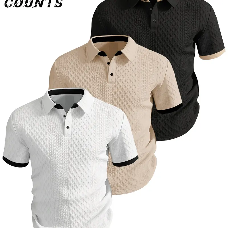 American Business Casual Classic Style Button Up Plain Polo Shirt, Breathable Textured Fabric, Men's Daily Commute Short Sleeve T-Shirt Top Set, Three-Piece