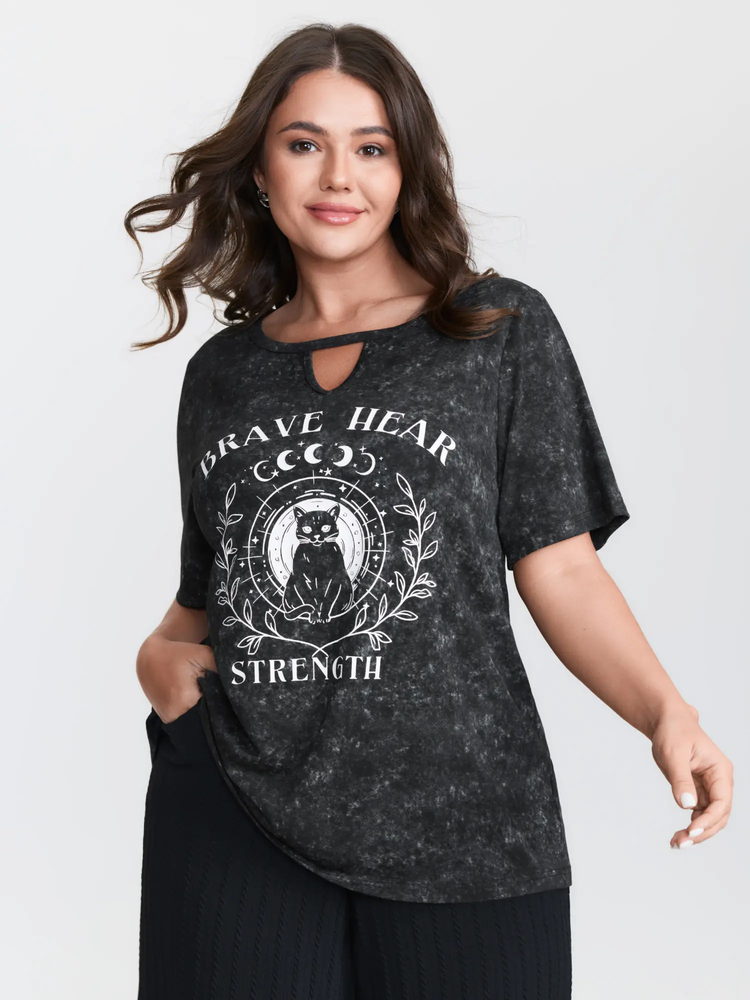 BLOOMCHIC Women's Plus Size Round Neck Short-Sleeve Spandex Fabric T-Shirt - Supersoft, Cat-Design Cut-Out, Acid Wash Black, Flattering Fit, M-6X, 2026 Summer Vibes Clothes,Summerfinds  Fit Garment
