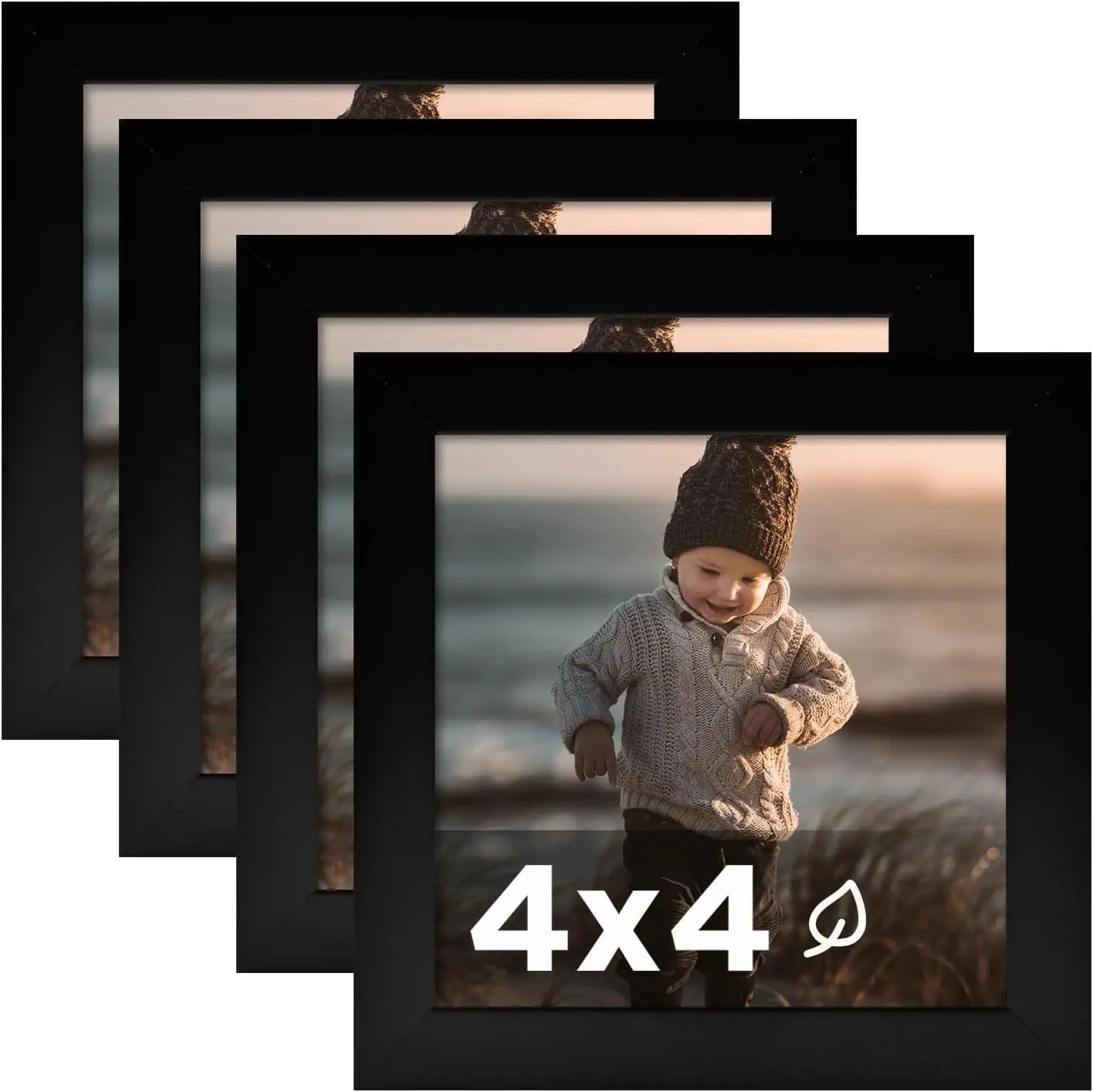 4x4 Frame Black Set of 4 Wooden Square Photo Frames | 4 x 4 Picture Frame with Plexiglass Fits for 4x4 without Mat for Table and Wall Display