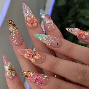 Katy Nails – Tropical Flowers Press-On Nails, 3D Hibiscus Lily Design, Hand-Painted Tiger Stripes, Summer Party Vibes, Custom Handmade Nail Art, Gifts for Her