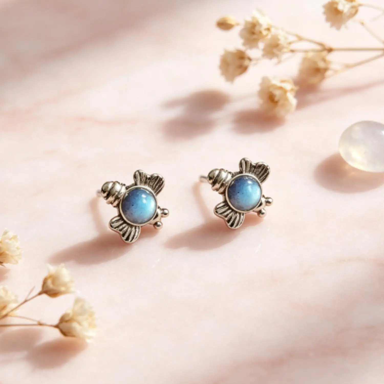 925 Sterling Silver Natural Moonstone Stud Earrings (Women's) — Round, Stylish Jewelry; A Gift for Her Birthday, Mother's Day, or Valentine's Day