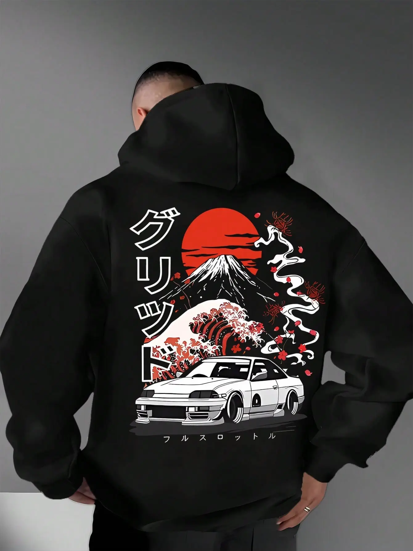 Japanese Ukiyo-e Mount Fuji JDM Car Hoodie, 270G Brushed Fleece Cherry Blossom Red Sun Drift Car Graphic Black Hooded Sweatshirt, Asian Automotive Streetwear Pullover For Car Enthusiasts