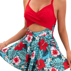 Women Cutout One Piece Skirt Swimsuit V Neck Wrap Tie Back Swimdress Tummy Control Bathing Suits High Rise Swimwear High Waist Swimwsuit