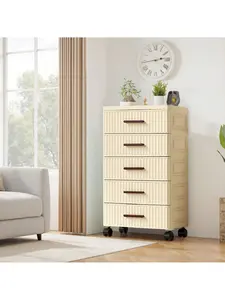 Gaomon 5-Tier Plastic Drawer Storage Cart, 189in Wide Fluted Look Chest with Grooved Slots & Wheeled Base, Home Organizer for Bedroom, Living Room