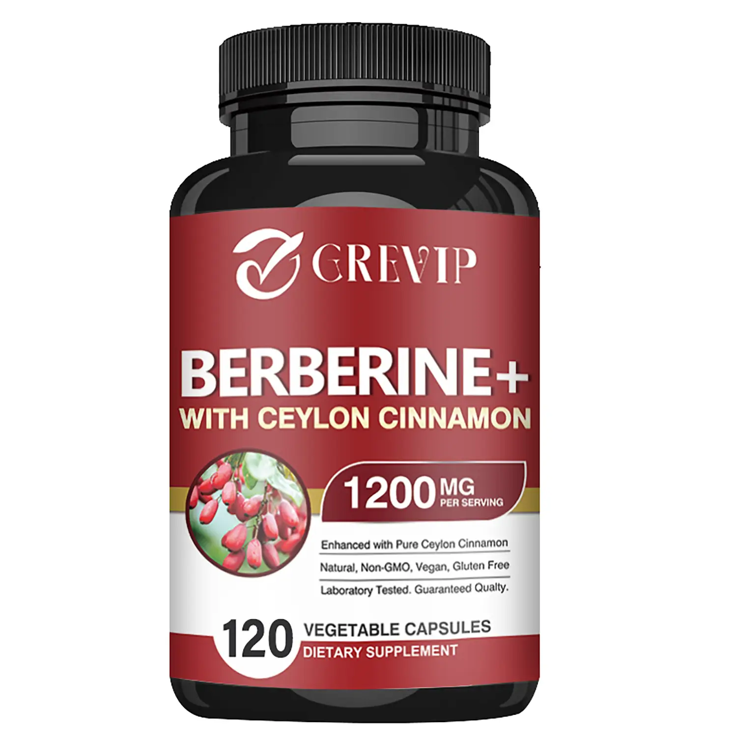 Grevip with Berberine HCl - 1200 mg, Ceylon Cinnamon - 100 mg and other high potency ingredients - 120 Capsules