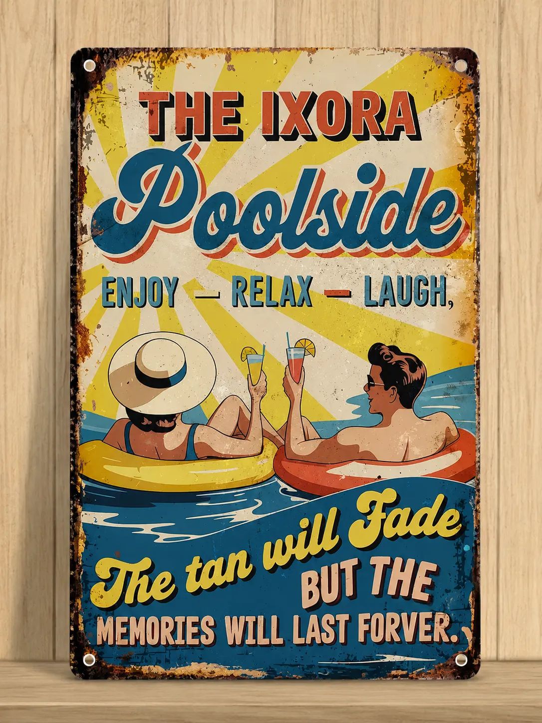 Personalized The Ixora Poolside Metal Sign, Custom Name Summer Decor, Vintage Pool Sign For Home Garden, Enjoy Relax Laugh Wall Art