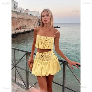 New2025Hollow Out Crop Tank Pleated Skirt Sets Women Ring Bead Strap Sleeveless Backless Vest A-line Skrits Suits Spring Street