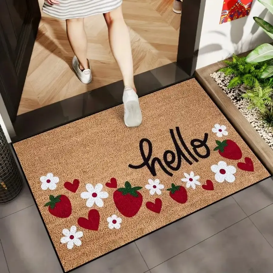 Welcome Printed Doormat with Strawberry Floral Design, Non-Slip Entrance Mat, Entry Door Mat, Machine Washable, Suitable for Kitchen, Dining Room, Hallway, Bathroom, Great for Yard Decoration, Gifts