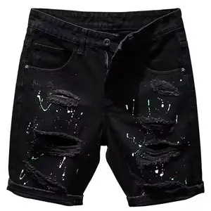 Boys' Edgy Beggar-Ripped Black Denim Shorts Slim Fit Distressed Knee Slashes Youthful Comfort Year-Round Versatile Summer Styling