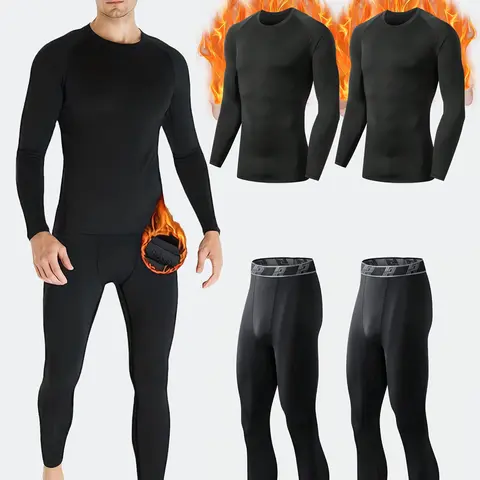 HOPLYNN Men's 2-Set Fleece-Lined Polyester Thermal Undergarments (4-Piece), High Stretch 4-Way Stretch Moves Freely, Snug-Fit, Comfortable, Flatlock Seams, Sweat-Wicking Athletic Base Layer for Cold Weather Camping, Snowboarding, Sleepwear