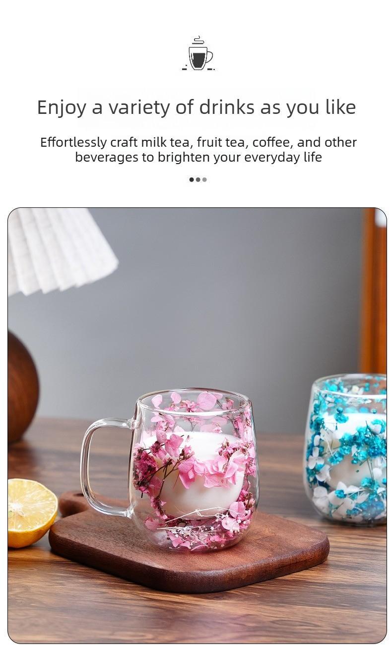 Double Glass Flower Tea Cup, 250ml Double Wall Glass Coffee Cup, Insulated Transparent Cup with Dried Flowers, Heat Resistant Drinkware Tumbler, New Year Gift.The top choice for Mothers Day Gift