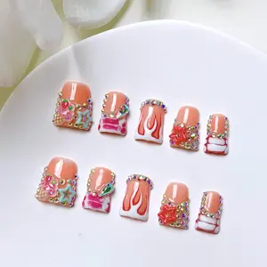 Ice Cream Cone Pattern Fake Nails, 10pcs/set Long Press on Nails for Women & Girls DIY Nail Art, Elegant Stick on Nails Kit, Nails Press ons