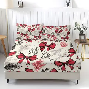 3-piece set of Christmas bow patterned bed sheets, including 1 bed sheet and 2 pillowcases, with anti slip and dust covers suitable for bedrooms and as Christmas holiday gifts