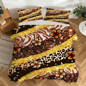 Leopard Zebra Print Gold Duvet Cover Set – 2/3‑Piece Skin‑Friendly Bedding Set, Zipper + Non‑Slip Corner Ties, Ideal for Teen Girl Bedroom, Boho‑Style Room, Vanity Room, Luxury Guest Room & Dorm All‑Season Use (No Core)
