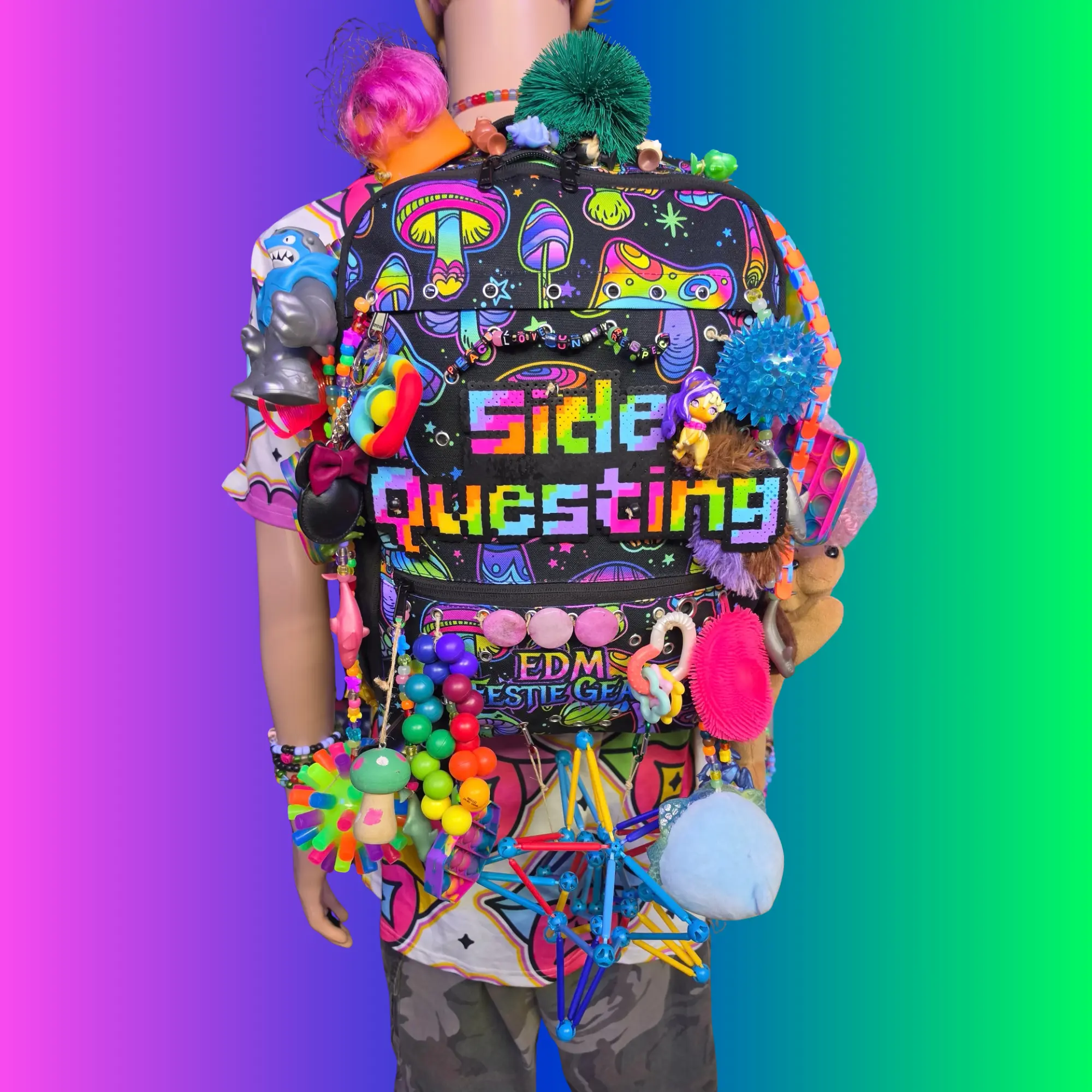 Side Questing Shroom Goblin Utility Backpack - Custom Sensory Rave Hydration Bag for EDM Festival Enthusiasts
