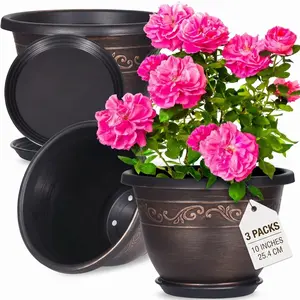 3-Pack 10-Inch Plastic Plant Pots with Trays and Drain Holes, Vintage Lightweight Indoor/outdoor Garden Containers, Ideal for Succulents and Small Plants