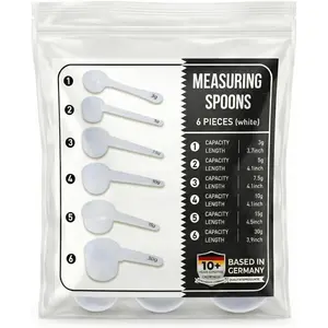 Measure spoons | measuring spoons set of 6 | exact dosing 3 gram scoop, 5 gram scoop, 7,5g, 10g, 15g, 30g | kitchen measuring set for powder and liquids | plastic medicine spoon and cups