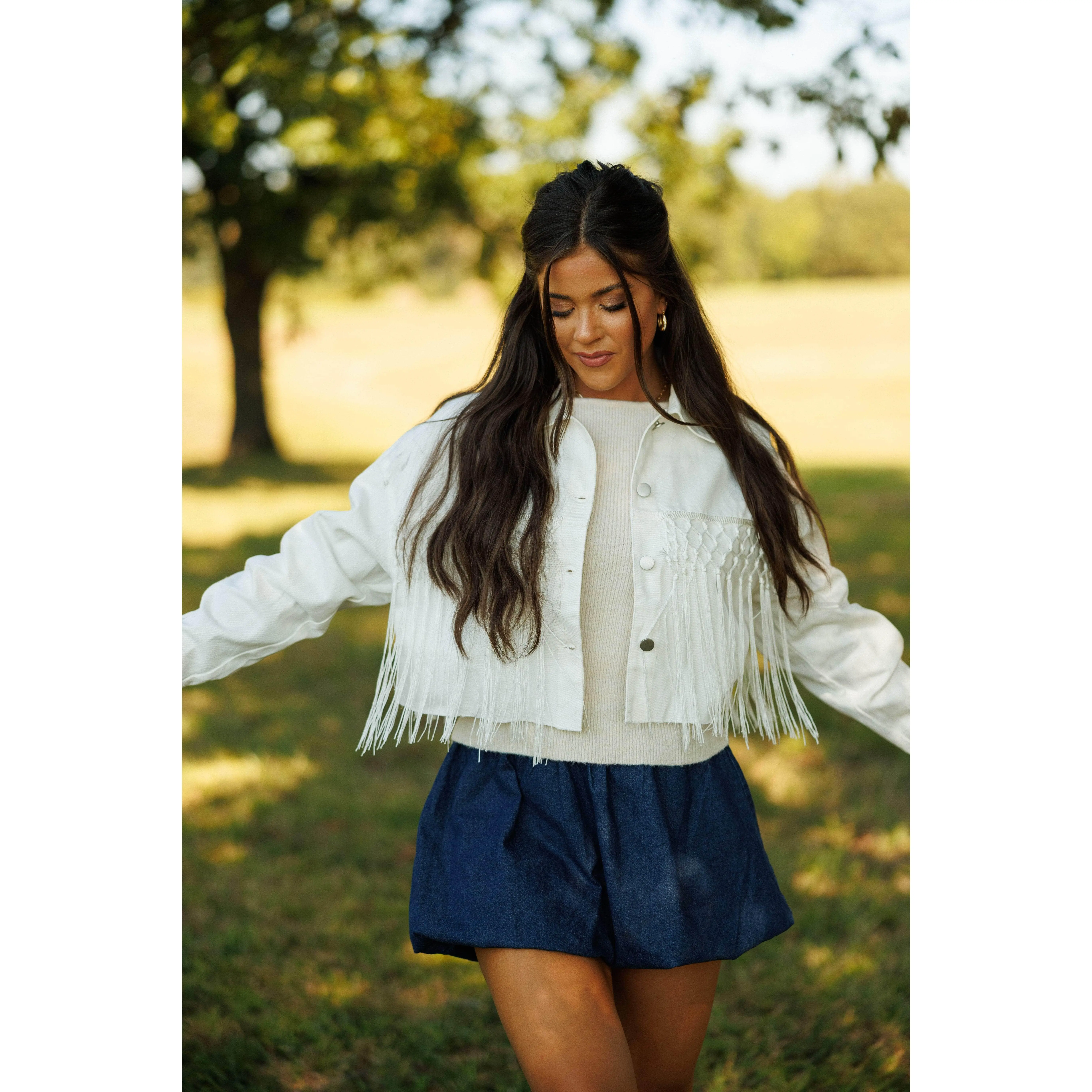 Women's Crochet Bridal Wildfire Wanderlust Jacket - Boxy Fit, Fringe Detail, Stylish Winter Coats for Special Occasions, Button, Denim, Short Crop, Polyester