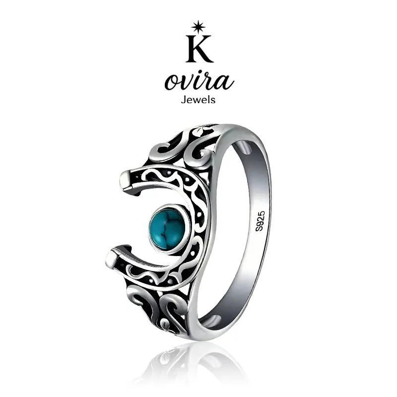 S925 Sterling Silver Horseshoe Ring for Women, Vintage Inspired Boho Fashion Jewelry with Simulated Turquoise, Hypoallergenic Lucky Amulet Ring, Unique Rings, Fashion Rings