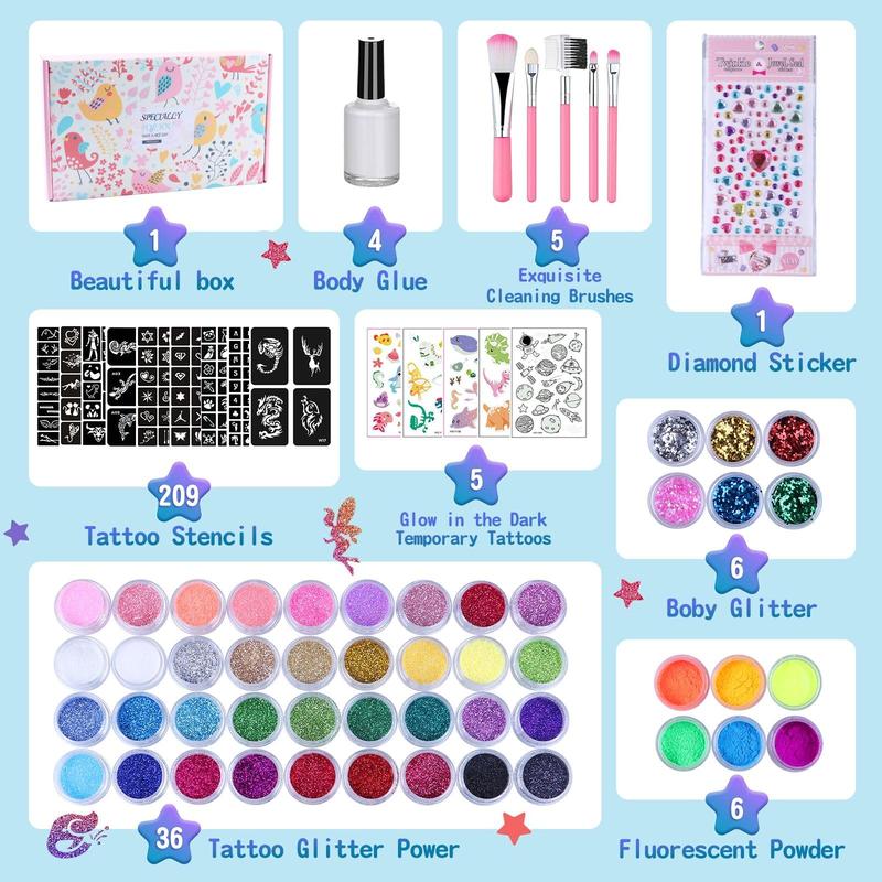 Temporary Glitter Tattoo Kit for Kids & Adults, 42 Glitter & 6 Fluorescent Color, 209 Stencils, 4 Glue, 5 Brushes, 1 Diamond Sticker, Safe & Easy Removal Face Body Art Birthday Party Supplies