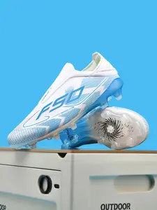 Unisex White-Blue Gradient Laceless Firm Ground Soccer Shoes: Competitive Pro Style, Knit Breathable Upper, Anti-Twist Midsole, Transparent Stud Grip. Ideal for official matches/professional training Soccer Cleats
