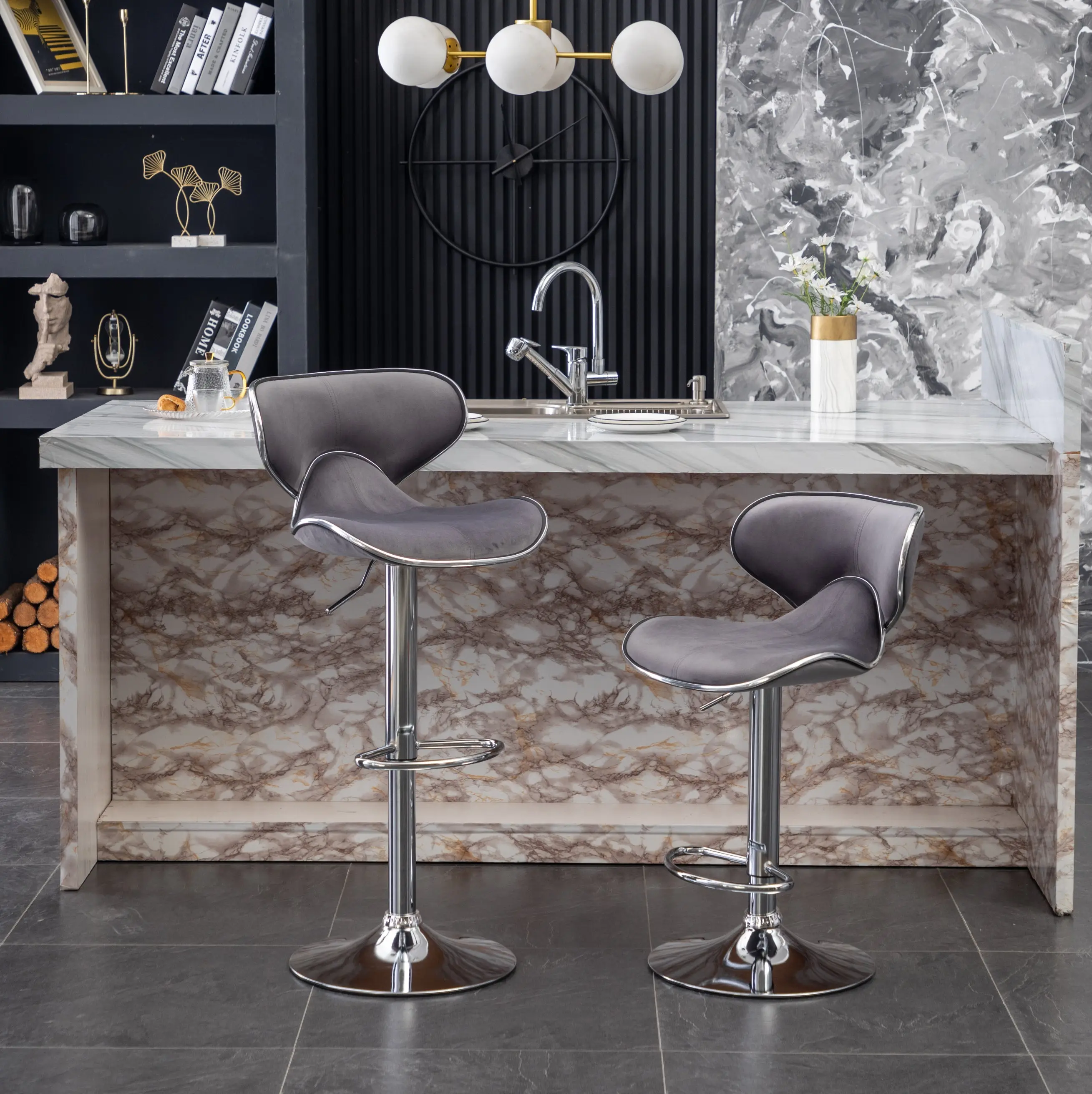 Masaccio Velvet Upholstered Adjustable'swivel Barstool, Set of 2, Gray