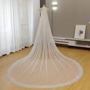 Luxury Sheer Tulle Bridal Veil | Silver Glitter Diamond Sparkly Geometric Sequin  Lace Trim