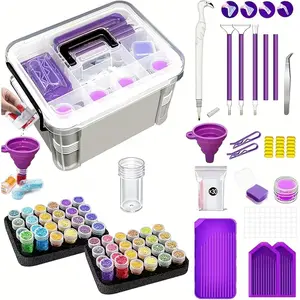 Diamond Painting Tools Accessories Storage Kit - 111Pcs 5D Set Portable Tool Box with Handle Craft Jewelry Bead Storage Purple Box Art Trays for Diamond Painting Accessories and Tools