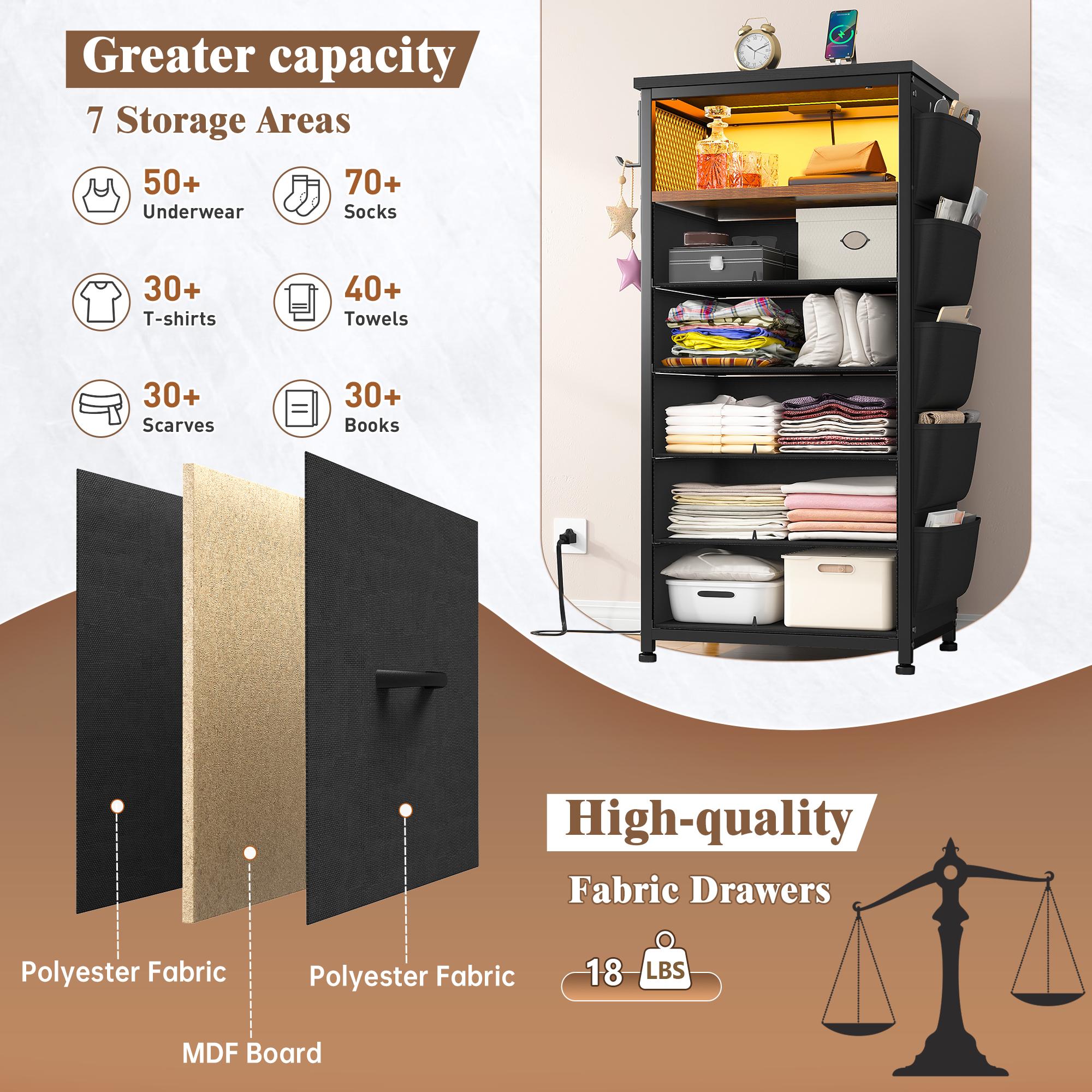 Raybee 37.5" Tall LED Night Stand with 5 Drawers for Tall Bed, Black Narrow Dresser with Charging Station for Living Room, Night End Table with Extra Side Bag & Hooks, Bedside Table with Power Stripe, Bedroom, Closet, Hallway, Entryway, White, Brown