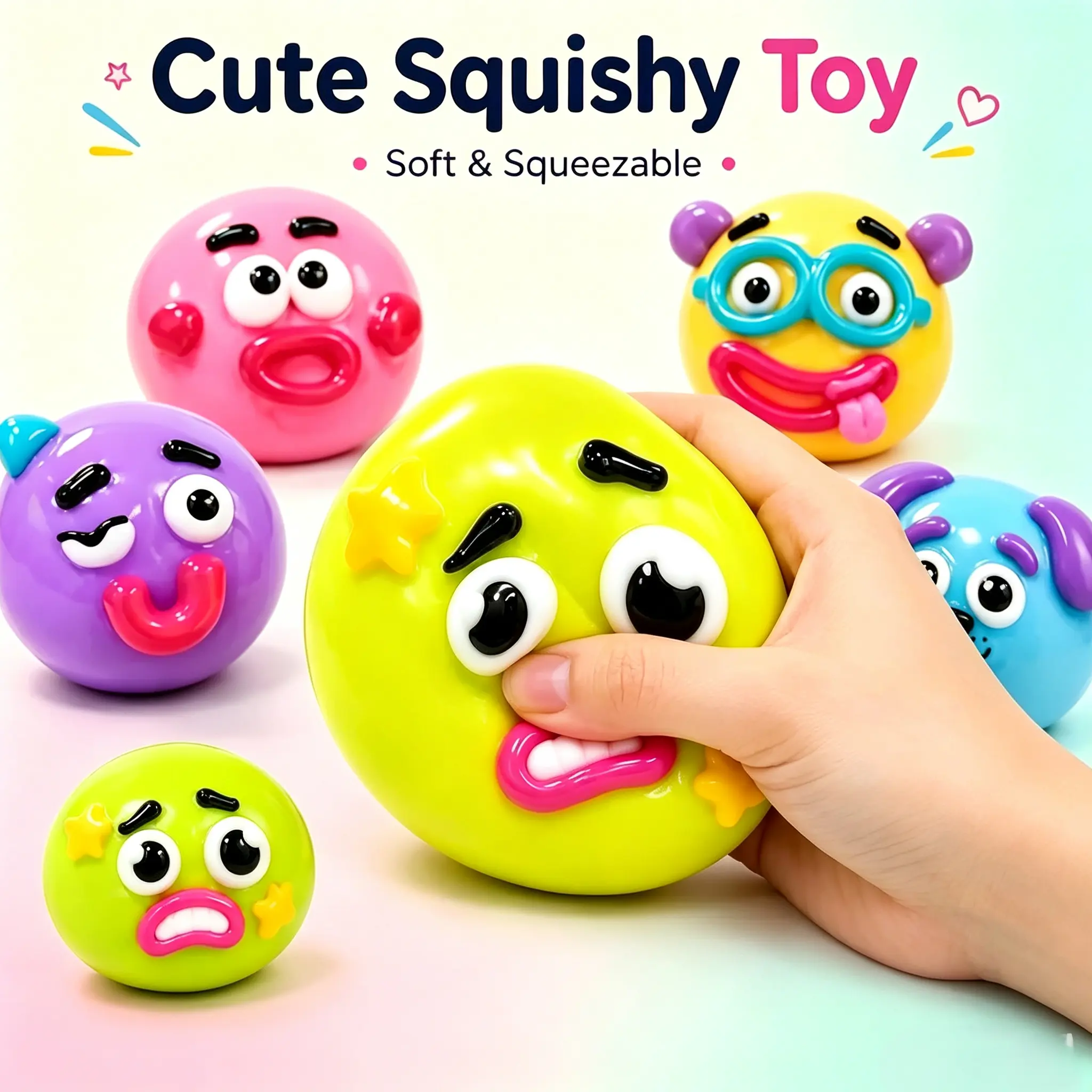 Cute Funny Face Squishy Stress Ball, Soft Sensory Squeeze Fidget Toy for Stress & Anxiety Relief, Desk Toy Gift for Kids, Teens & Adults