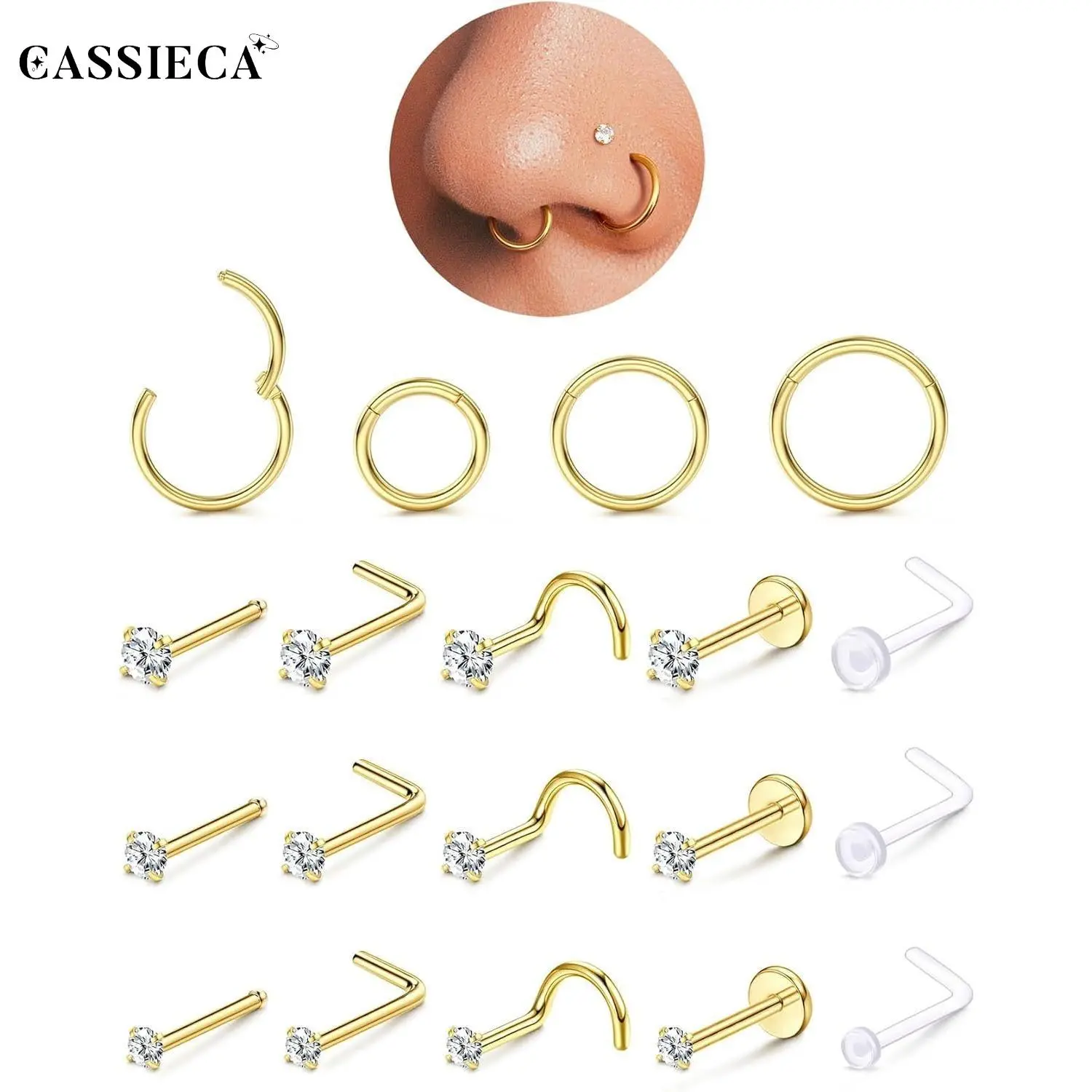 CASSIECA Unisex Geometric Nose Piercing Jewelry, 18G-20G Gold Filled 316L Surgical Stainless Steel, Hypoallergenic Rhinestone Studs & Hoops with L-Shaped, Corkscrew, Straight, Push Back Designs