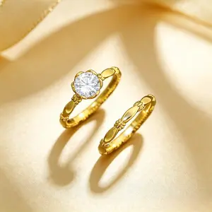2-Piece Gold-Tone Engagement Ring Set for Women, Vintage-Inspired Promise & Wedding Band with Milgrain Detail, Elegant Bridal Jewelry Gift for Valentine's Day, Weddings & Special Occasions
