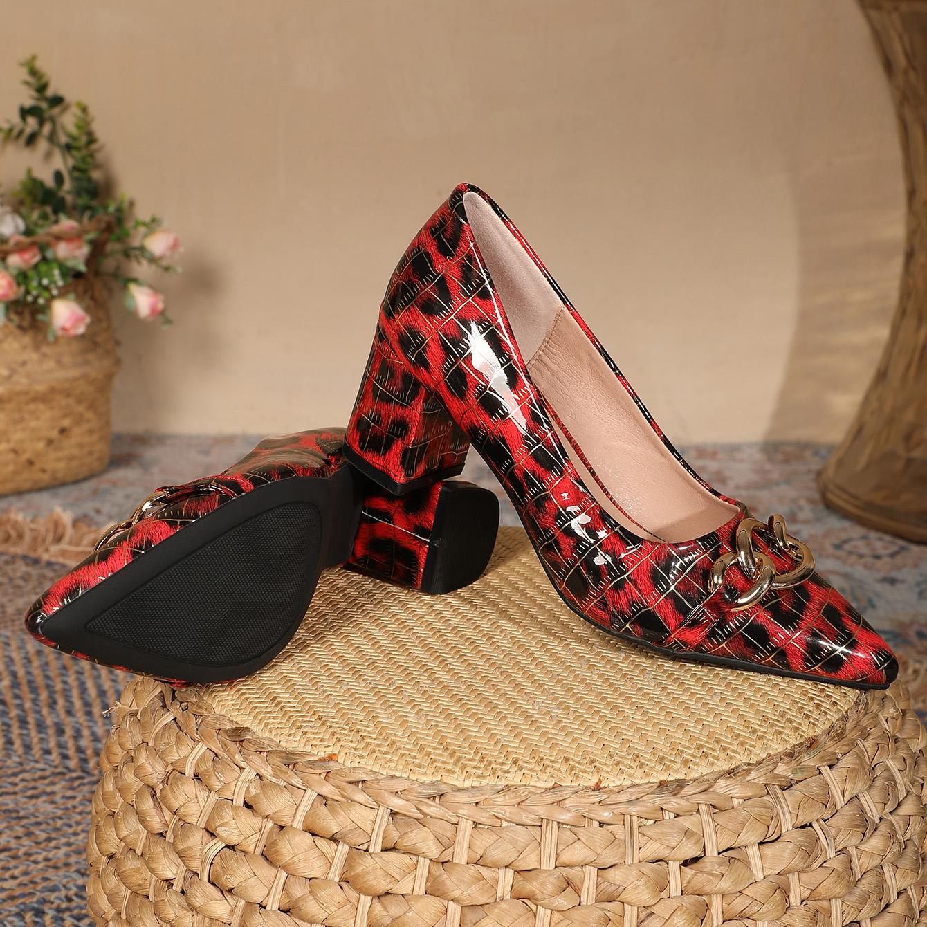 Women's Fashion Leopard Pattern Classic High Heels, Fashion Chain Decor Pointed Toe Shoes, Stylish Party Heels, Sexy Evening Fashion Shoes, for Weddings, Dinners, Parties Heels