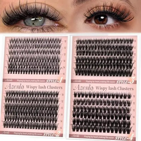 Azenlo Wispy Lash Clusters 30D+40D+60D+80D- 4 Styles 10-16mm DIY Eyelash Extensions, Natural Look Lightweight, Beginner Friendly Reusable 456pcs Individual Lashes for Everyday & Party Use