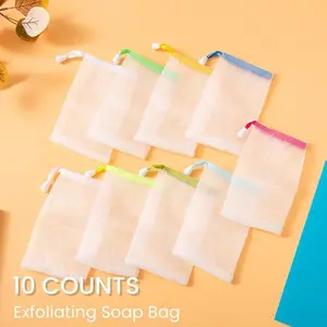 Eco-Friendly 10 Counts Exfoliating Mesh Soap Bag Foaming Net for Face Cleansing & Soap Storage with Drawstring for Bath & Shower