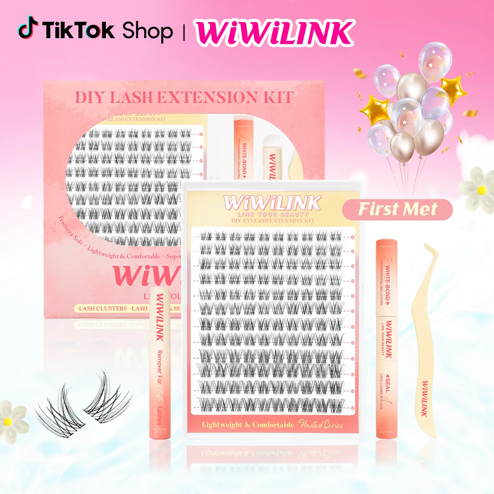 WiWiLINK First Met Universal Lashes, Cluster Lashes C D Curl, DIY Lash Extension Kit and Lash Clusters, 8-14mm with Bond, Seal, and Remover - Ultra-Thin Transparent Bands