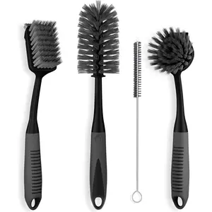 Dish Brush Set of 4 - Kitchen Scrub Brushes with Non-Slip Long Handle for Cleaning, , Dishwashing, Dishes, Bottles, Straws, Cups, Pots & Sink, Black