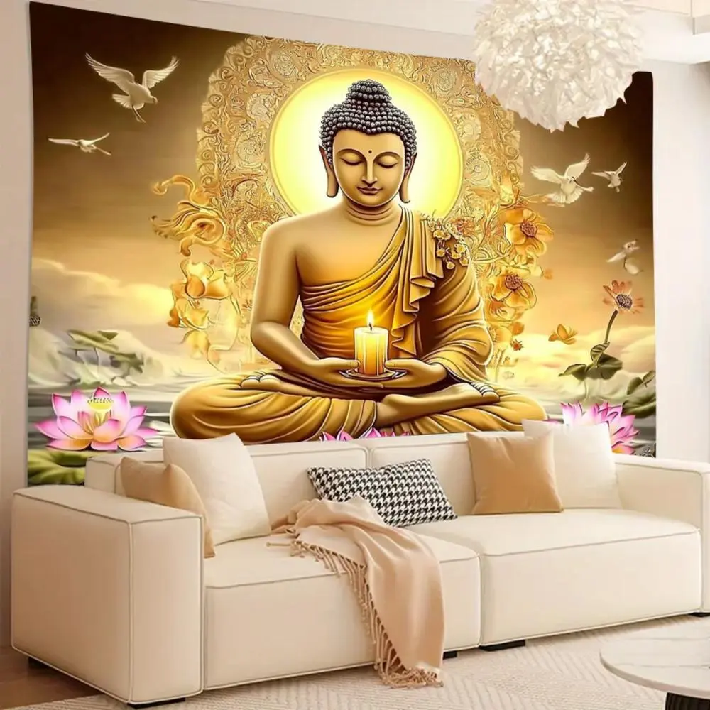 1PC,2D Flat Religious Buddha - themed Tapestry, Golden Buddha Lotus Background Cloth, Festival Celebration Decoration Tapestry, Photography Live - stream Event Backdrop, Meditation Zen Space Arrange, Festival Theme, One-Piece