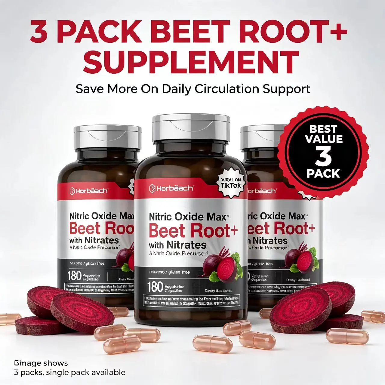 Horbäach Nitric Oxide Beet Root Capsules | 180 Count | with Nitrates and Precursor | for Men and Women | Vegetarian, Non-GMO, Gluten Free Supplement