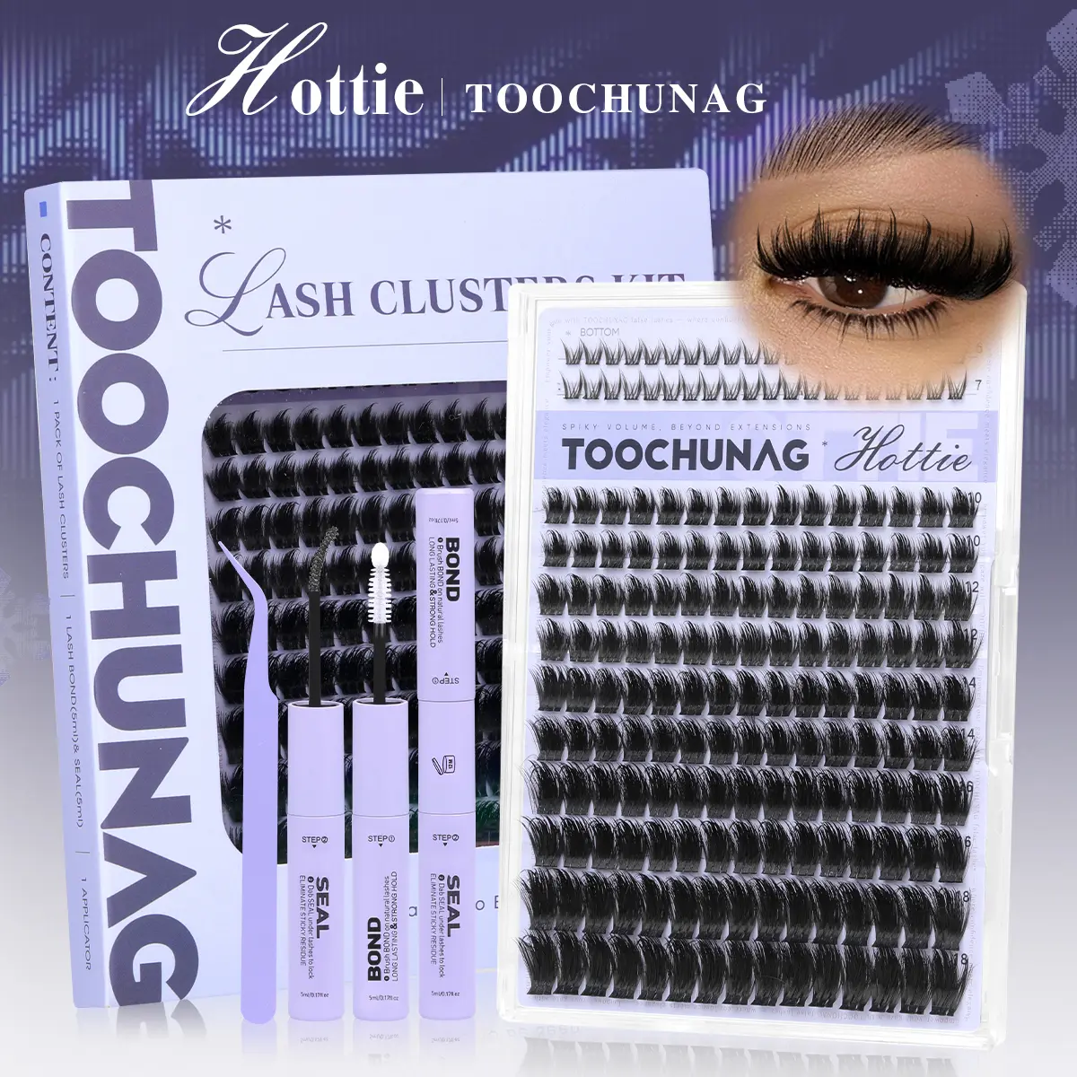 TOOCHUNAG Hottie Spiky Lash Clusters, 150D Thick DIY Anime Eyelash Extension Kit ,10-18mm D Curl Fluffier Manga Upper Eyelashes & 6-7mm Bottom Lashes, Soft Bands for Baddie Party Makeup