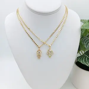 Yordy Thin Cuban Chain with Girl and Boy Pendant Unisex Trendy Cuban Link 14k Gold Plated High Quality 3mm Wide 22" Long Necklace