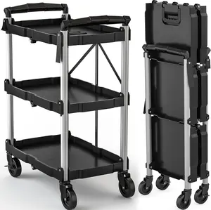 YINTATECH 240/ 350 LBS Folding Utility Cart with Wheels, Foldable Utility Service Cart 3 Tier Collapsible Rolling Cart with 360°Swivel Wheels (2 with Brakes), Portable Cart for Home Garage Restaurant Office
