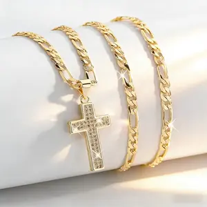 14K Gold Plated Golden Plated Religious Cross Pendant Necklace with Sparkling Synthetic Zirconia Stones - Elegant Jewelry for Casual Attire, Parties, Vacations - Perfect Easter, Thanksgiving, Graduation Gift - Year-Round Versatile Jewelry, Party Accessory