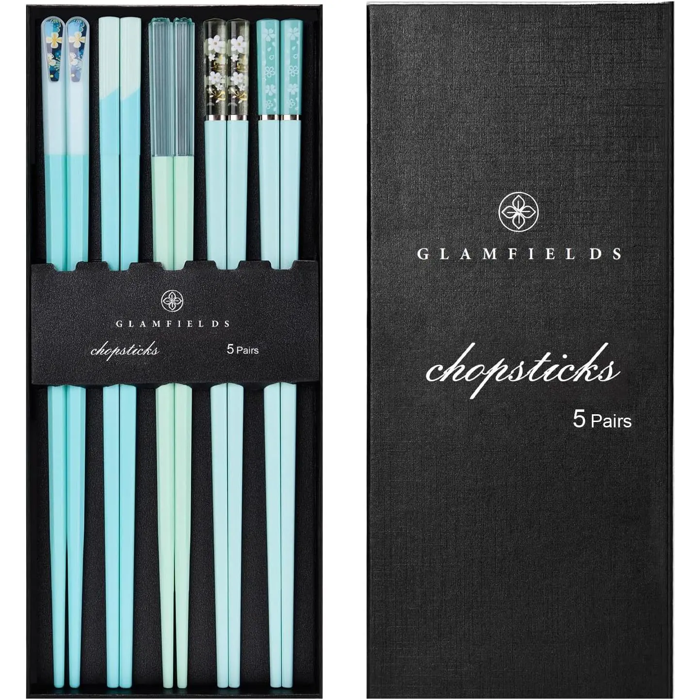 Women's Reusable Cutlery Set - 5 Pairs 9.5 in Premium Non-Slip Matte Chopsticks, Light Blue, Dishwasher-Safe, Gift Box for Sushi, Asian Cuisine