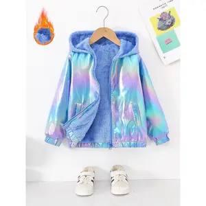 NewGirls' Winter Warm Hooded Coat with Iridescent Rainbow Color-Changing Effect - Thickened Fleece Jacket, Full-Zip Closure & Soft Lining, Casual Outerwear for School & Play, Multicolor (/Purple/Pink) - Durable